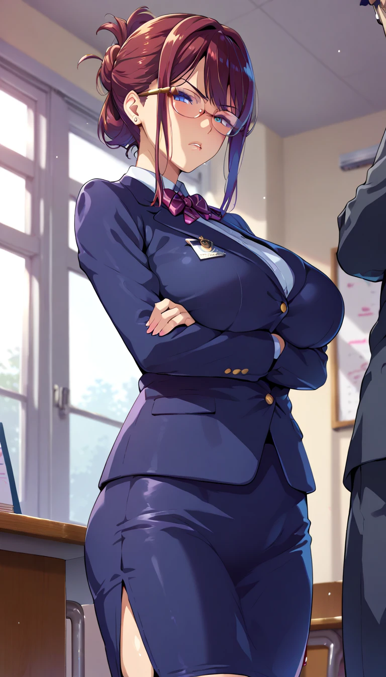 (masterpiece, best quality, ultra-detailed, high resolution, detailed eyes), takeda hiromitsu style, (1mature female), solo, voluptuous body, huge breasts, teacher, makeup, slant eyes, annoyed, black hair up, glasses, navy business suit, pencil skirt, standing, skirt lift, small vibrator in black panties, garter belt, stocking, embarrassed, love juice, orgasm, trembling