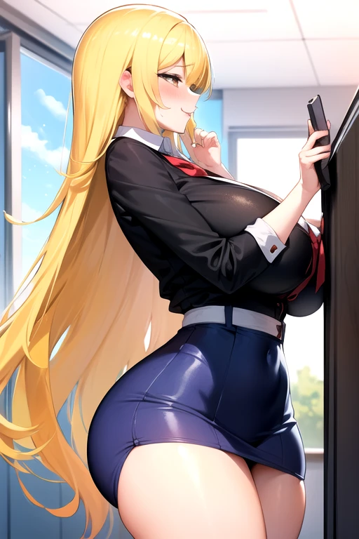 ((high detailed, best quality, 4k, masterpiece, hd:1.3)), landscape, (in office), indoors, business office, Office workers working in the office, many people are busy working, standing, window, desk, chair, computer, ceiling light, Princess Peach, BREAK neon blue eyes, seductive, attractive, sexy smile, smiling, smooth anime cg art, 34C breasts, long legs, vivid colors, detailed digital art, slim body, perfect skin, blonde hair, long hair, BREAK crown, cleavage, 34C cleavage, looking at viewer, BREAK looking at viewer, extremely detailed face, black necktie, pink pencil skirt, pink jacket, white shirt, full body, (pink high heels), earrings, gem, dark black makeup lips, dark gothic eyeshadows, dark eyeshadows, black eyeshadows, black sexy lips, black lips, (dark:1.2), dark lips, very dark lips, (perfect hands, perfect anatomy), black makeup, detailed fingers, five fingers per hand, 5 fingers, (1 girl), detailed lips, detailed black lips, black painted lips, gothic painted lips, BREAK night, (breast focus), (breasts out:1.3), (arms behind back:1.2), (from below:1.2)
