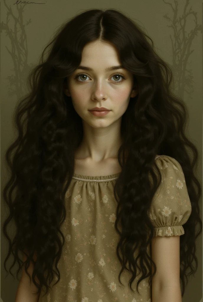 a painting of a light brown-skinned girl, green eyes and curly brown hair naked