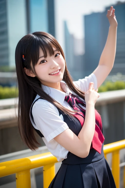 (8K、Raw photography、Highest quality、masterpiece:1.2),(Black Hair、Dark Eyes:1.9),(:High school girls、Student uniform 1.6)、View your audience,Viewed from the front,White skin,(:1.4)、(Tight waist:1.6)、(Clothes that accentuate the shape of the breasts:1.0)、(Big Breasts :1.3)、Slim figure、Ultra-high resolution,beautiful,beautiful fece,(One person、No background:1.9),whole bodyボディー,Japanese women,(reality的:1.37)、Photon Mapping,reality、(Baby-faced and cute: 1.4)、(Cute Smile: 1.8)、(Round face: 1.8)、Radio City、Physically Based Rendering、Depth of field rally background、photograph, (I can see your knees、Thigh close-up:1.8),(:1.6),whole body、Great quality