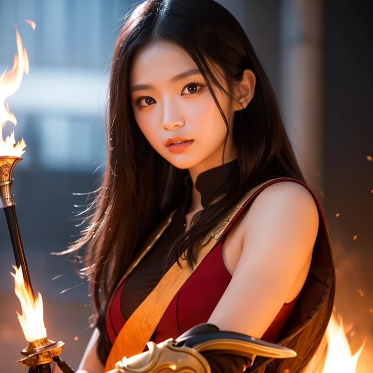four beautiful japanese girl,long hair, carrying a katana, with text "GFE" in a dragon fire background,behind her and colorful particle effects that shift towards red laser in the style of hyperrealistic photography, capturing every intricate detail, intense facial expression, Canon EOS R5, portrait mode, 50mm, fantasy-inspired