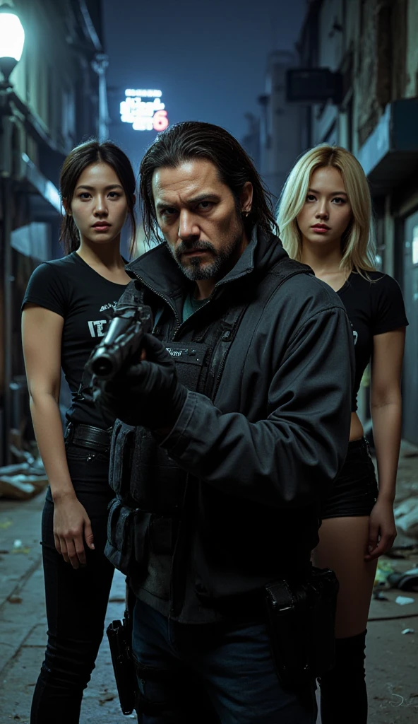 (Man)Damon Salvatore, in the middle, stands slightly forward with his assault rifle ready. (Woman)Damila, to his right, crouches slightly with her sniper rifle aimed. (Woman)Kira, to his left, stands tall with her dual pistols ready. Behind them, a massive explosion lights up the sky, with debris flying, adding to the chaos and intensity of the scene.
