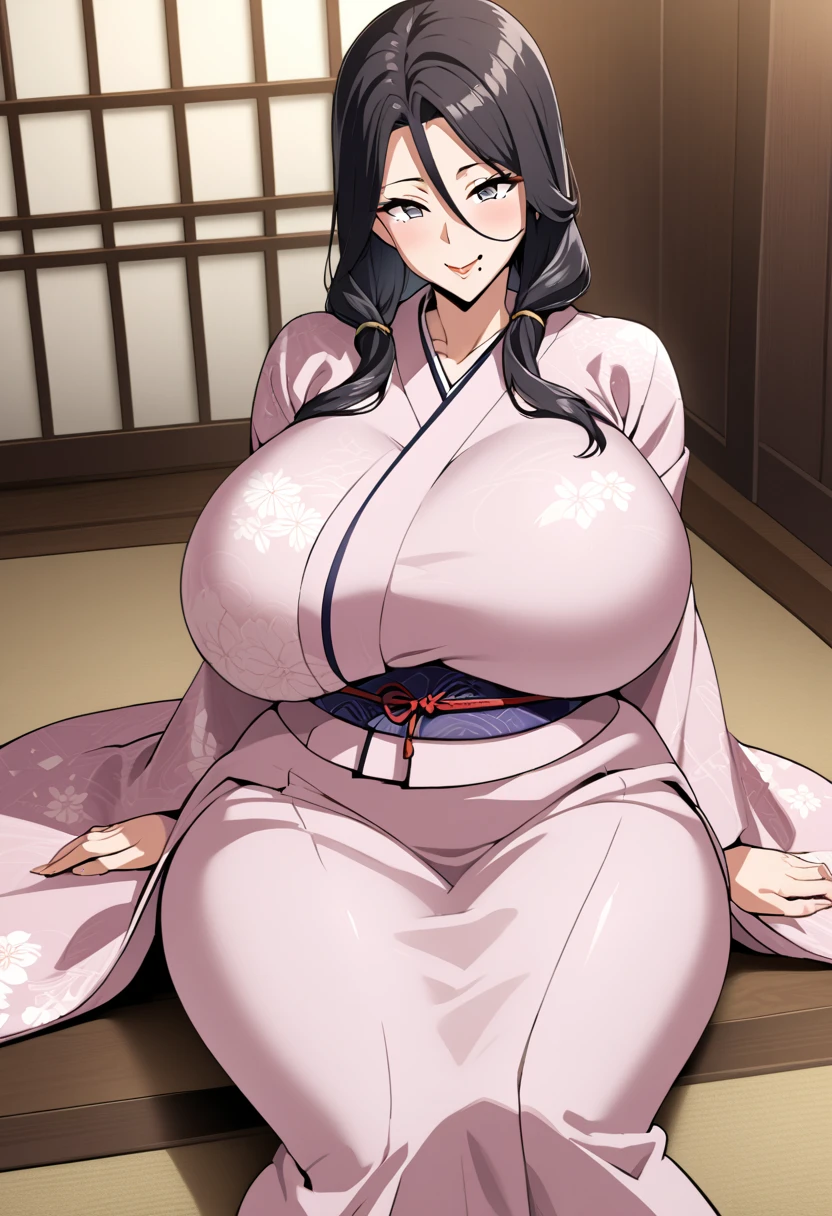 ((Cleavage is seductive)), ((medium breasts)), (((breasts are about to burst))), (((Her ample breasts spilling out))), (Masterpiece: 1.2), (Super Detail), (Best Illustration), (Nezuko), (solo), (solo girl), (((barely-fitting kimono))), (({long hair, black hair, wavy hair, fair skin, pink nails, pink ribbon to the side tying her bangs together, soft-looking pink eyes, Sakura colored kimono, geometric triangle design})), (curvy:1.5), (breast grab), naughty face, ((sitting on a bed))
