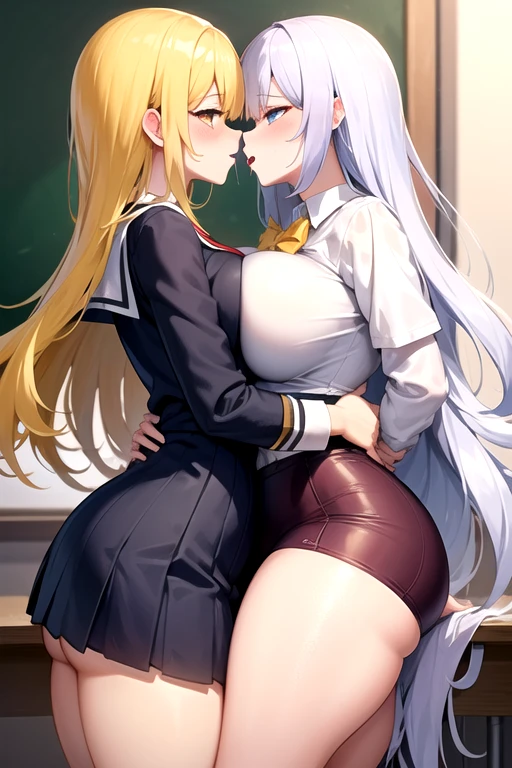 Lesbian (very long loose yellow hair)(big breasts, big thighs)(with school uniform clothes it is very tight) that he is kissing at school with his girlfriend,(big breasts, big thighs)lesbian love