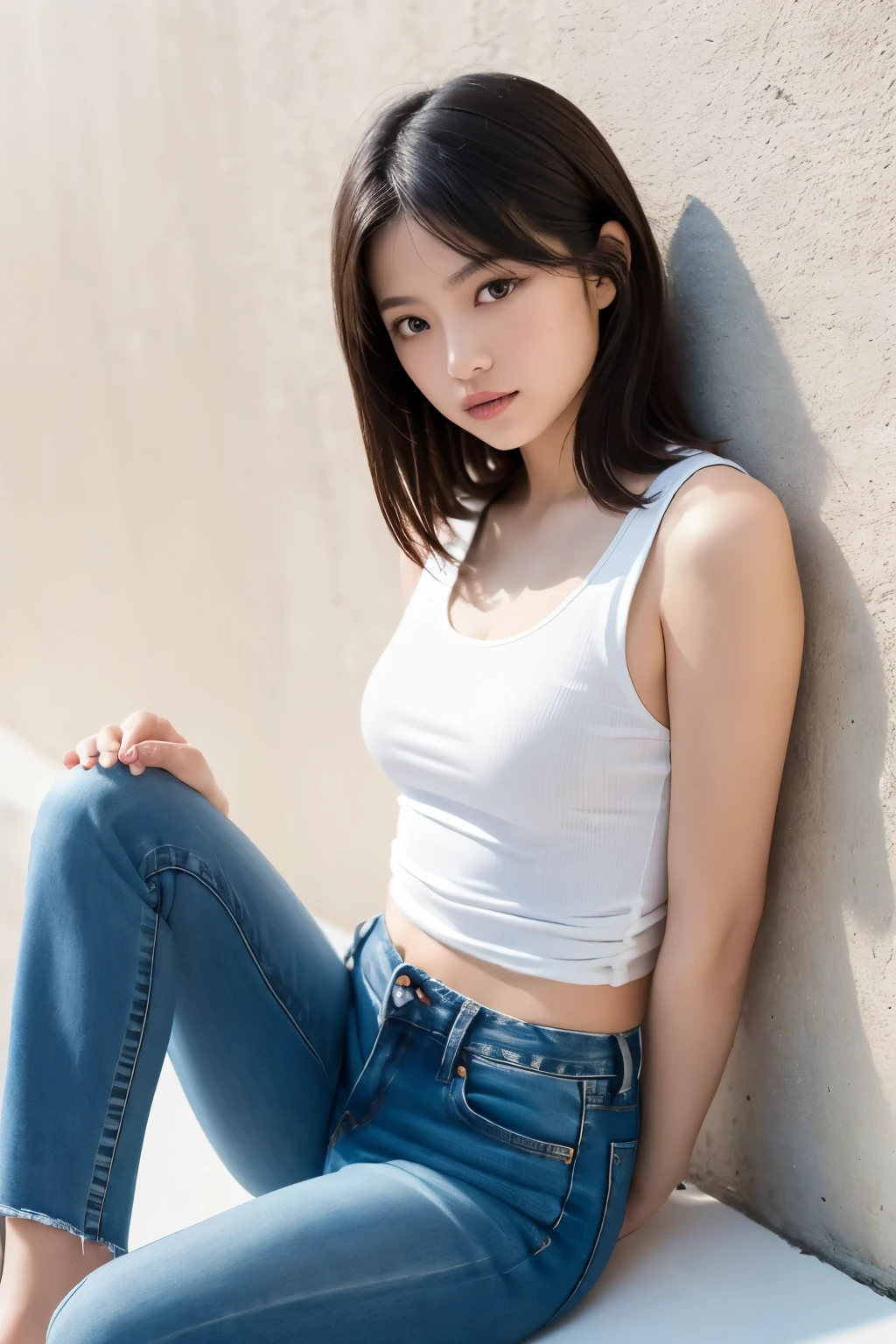 A young woman is seated on the floor with her legs crossed in a casual manner, leaning against a white wall. She wears a plain white, sleeveless top that clings to her form, paired with high-waisted blue jeans that have a classic, slightly faded wash. Her posture is relaxed yet dynamic, with her hands placed on either side of her head, fingers intertwined within her dark hair, which falls smoothly past her shoulders. The image captures a sense of ease and simplicity, emphasized by the neutral and clean background. The natural lighting contributes softly to the overall composition, casting subtle shadows and highlighting the color contrast between the crisp white of her top and the denim of her jeans.