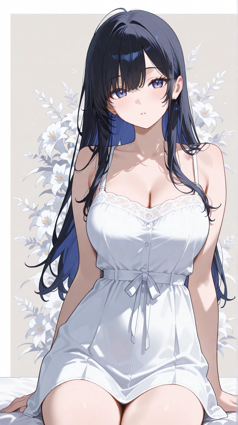 angelic style anime girl,with a voluptuous body and a large bust in a white dress with low necklines and bare shoulders. Long dark blue hair with a white lock. Sky blue eyes and a serious look looking up while sitting on the floor