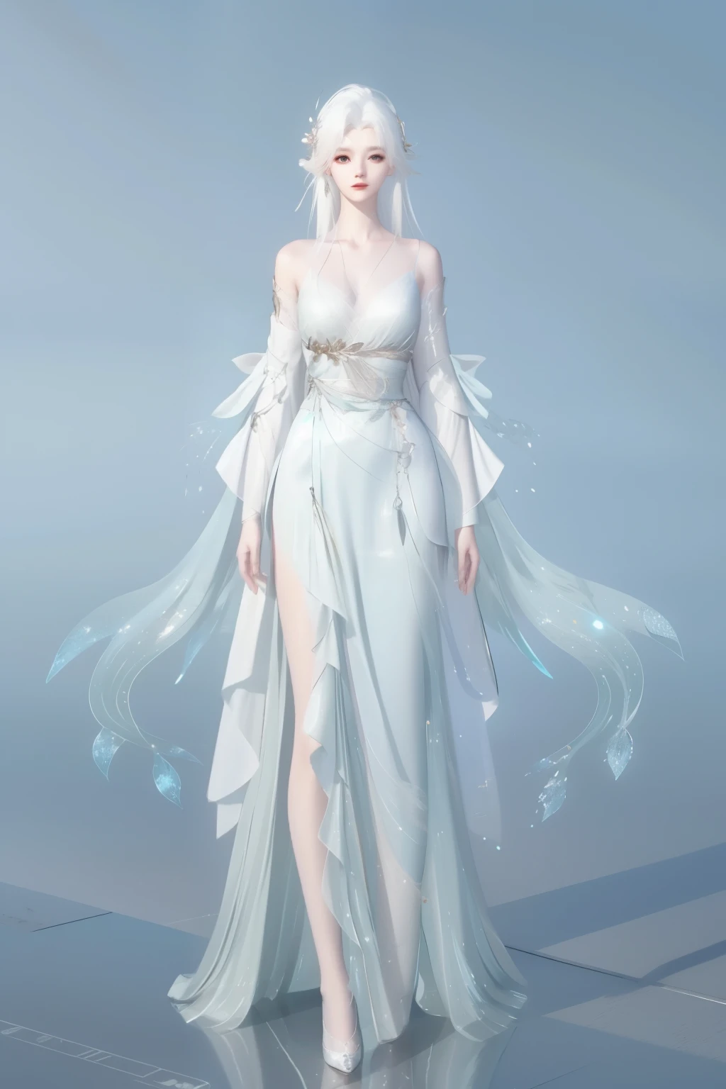 Close-up of a woman wearing a dress with a cape, Unreal Engine rendering + goddess, amazing designer 3d rendered, amazing designer, Cloth simulation using Houdini, amazing designer substance, Dreamy dress, Ethereal stills, Elegant posture, Flowing realistic fabrics, Flowing Magic Robe, Unreal Engine Character Art, Detailed clothing and face , A stunning young ethereal figure, Hepburn Rankin Iris, Inspired by Fei Danxu,, Futuristic and ethereal, jingna zhang, author:Russell Dongjun Lu, Inspired by Maciej Kuciara, Gorgeous and smooth, White biomechanical details, Exquisite sculpture, Beautiful digital artwork
