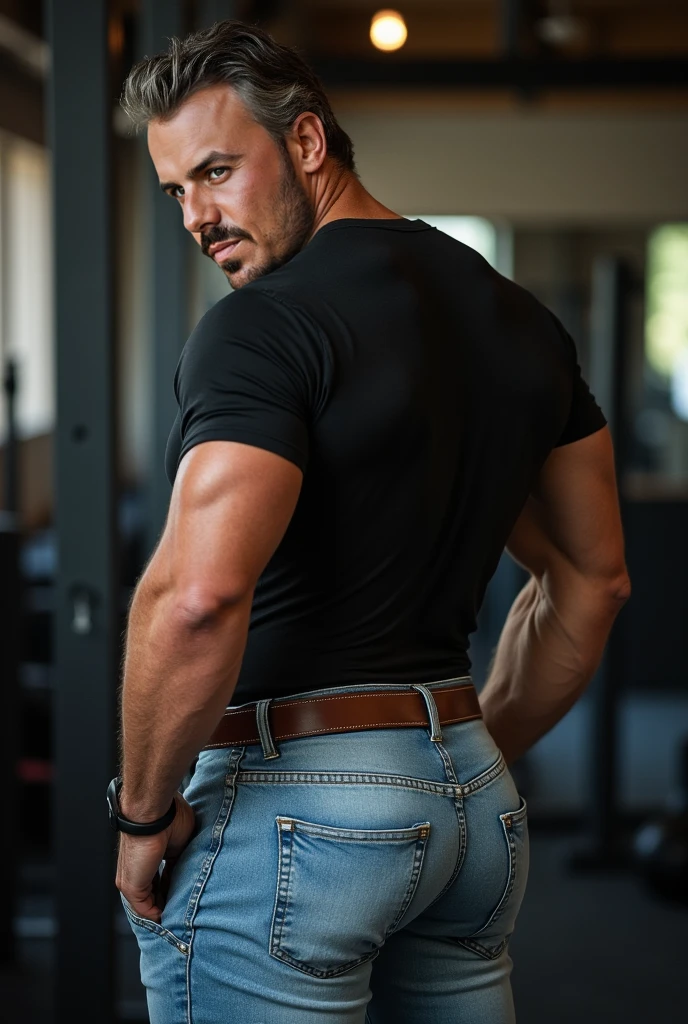 handsome mature man in his 50s,white man with a tanned complexion,(well-defined pecs and arm muscles),full body, facial hair styled into a neatly groomed beard,(intelligent and alluring eyes),a captivating, symmetric face with strong and defined facial features,a confident smirk on his lips,giving off an air of wisdom and rugged charm,beefy build that emanates strength and vitality. ((Full body)), (((black jeans))) (((Big butt))) (((backside))) (((manly)))