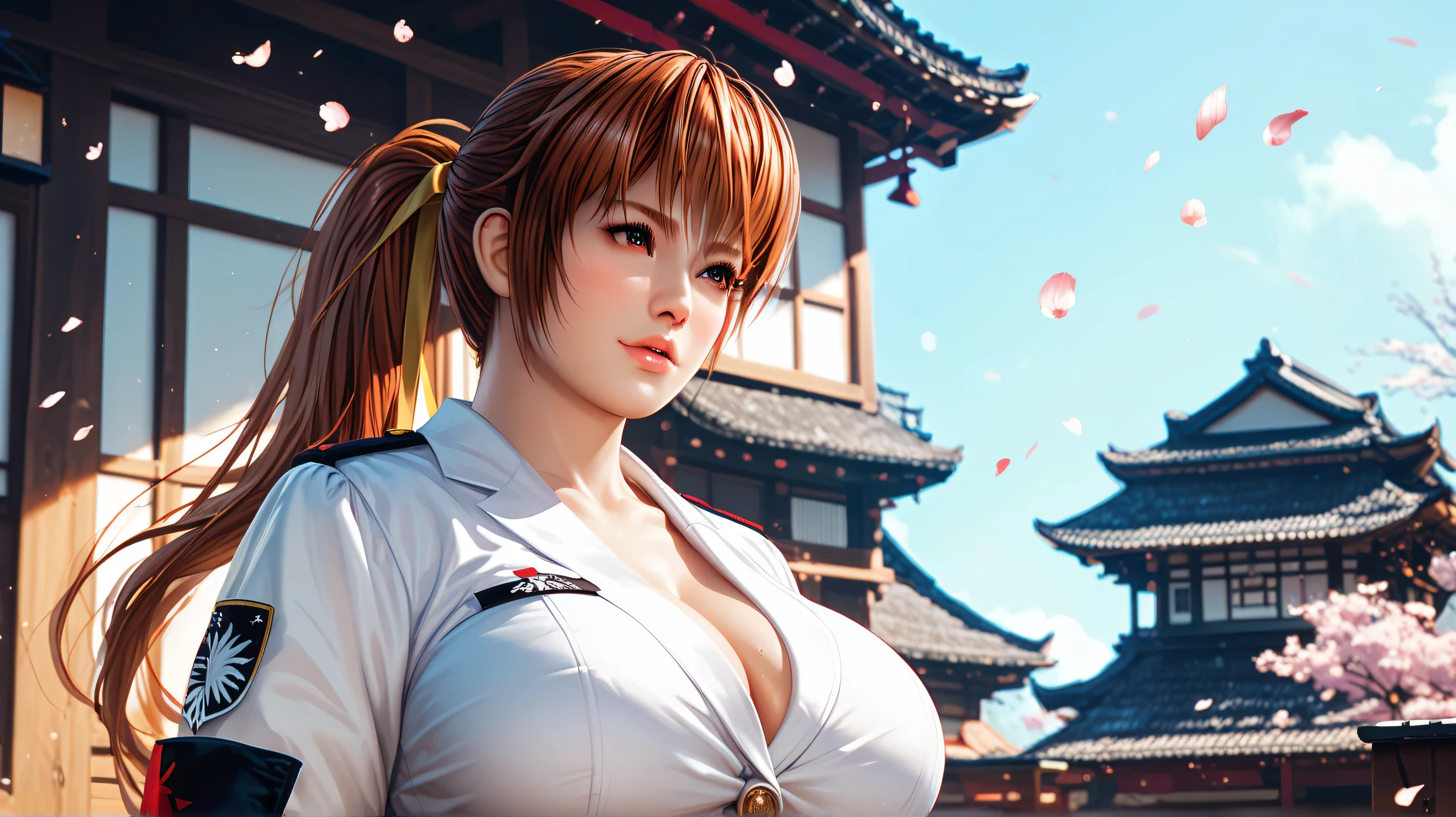 kasumi, Japanese beautiful girl, dead or alive, ponytail, jk uniform, huge breasts, cowboy shots, half body,乳沟,低胸