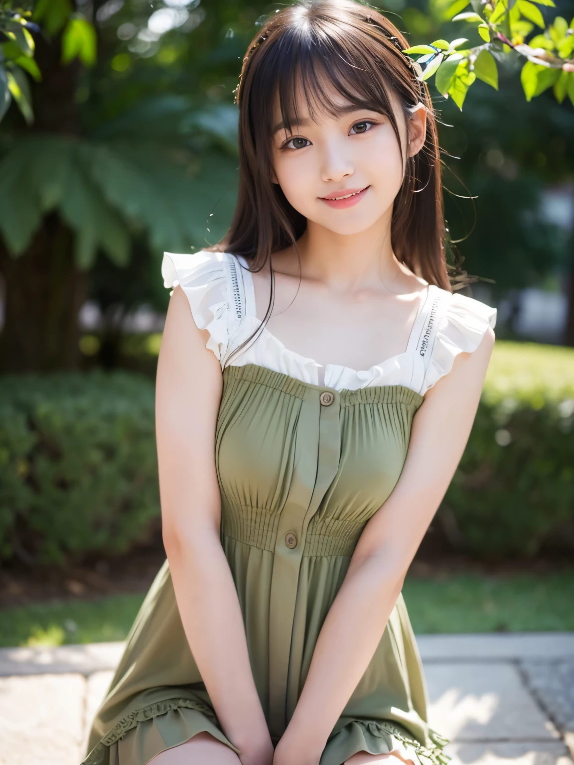 Masterpiece, top quality, photorealistic, super high quality, super high resolution, detailed image, super cute Japanese 20 year old girl standing in the mountains, full body, full body shot, cute white floral dress, exposed shoulders, 75cm chest, smaller breasts, more smaller breasts, perfect proportions, thin waist, perfect double eyelids, long eyelashes, narrow eyes, green eyes, braided ponytail tied with ribbon, bright green hair, yellow tips, look here, long slender legs, facing front, green shiny nails, hands raised high to reveal sides, hands clasped behind head, right leg raised at waist level Please photograph at a further distance so that the whole body can be seen.