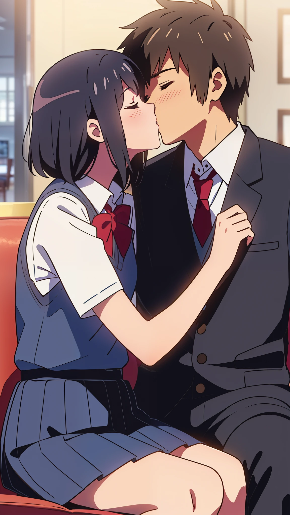 shinkai makoto, kimi no na wa., 1girl, 1boy, bangs, black hair, short hair, blush, , (boy wear black pants), ((girl wear blue skirt, red headband, red bow, red ribbon)), shirt, white shirt, sweater vest, vest, yellow sweater vest, yellow vest, short sleeves, cute, love, couple, adorable, dating, (((kiss, deep kiss, tongue, saliva))), closed eyes, passionate hug, indoors, Background with (a room, sofa), sitting on the sofa, deep in the night, night, dynamic light