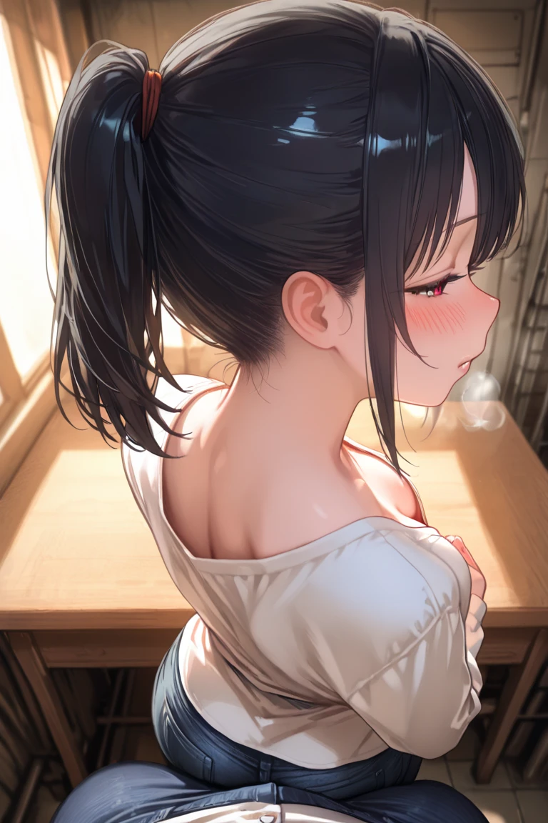 She turns her face to the side and smells the dick,She gets excited by smelling the dick,smile,She doesn't touch the dick,(The guy is standing next to her),(steam),She is looking up at the dick,