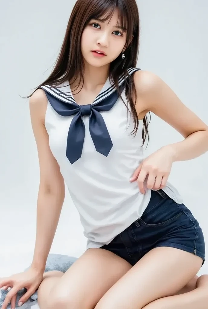 School、Sailor suit,A high school student with a perfect edge、like a magazine、 ,Put out the nipple、 Mini bloomers that dig into the crotch,color々A pose、大胆A pose、Full Body Shot、20th Ayaka、NiziUAYAKA、 4K、1People Women、slender、 Loose, wavy styling 、Fascinating and attractive、Including the texture of the face and skin.,Detailed eyes、Courtship look