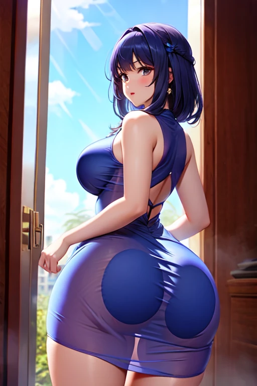 score_9,score_8_up,score_7_up,1girl,kill la kill, satsuki kiryuin, jet black hair, long hair, milf,solo,mature female,looking at viewer,blush,smile,short hair,bangs,fangs,blue eyes,cowboy shot,indoors,blunt bangs,large breasts,blurry background,plant, lingerie, buttcrack,bedroom, shexyo, ass, top voew, Chinese dress, see through lingerie, on bed, spread legs, spreading legs, red Chinese dress, fishnets, panties