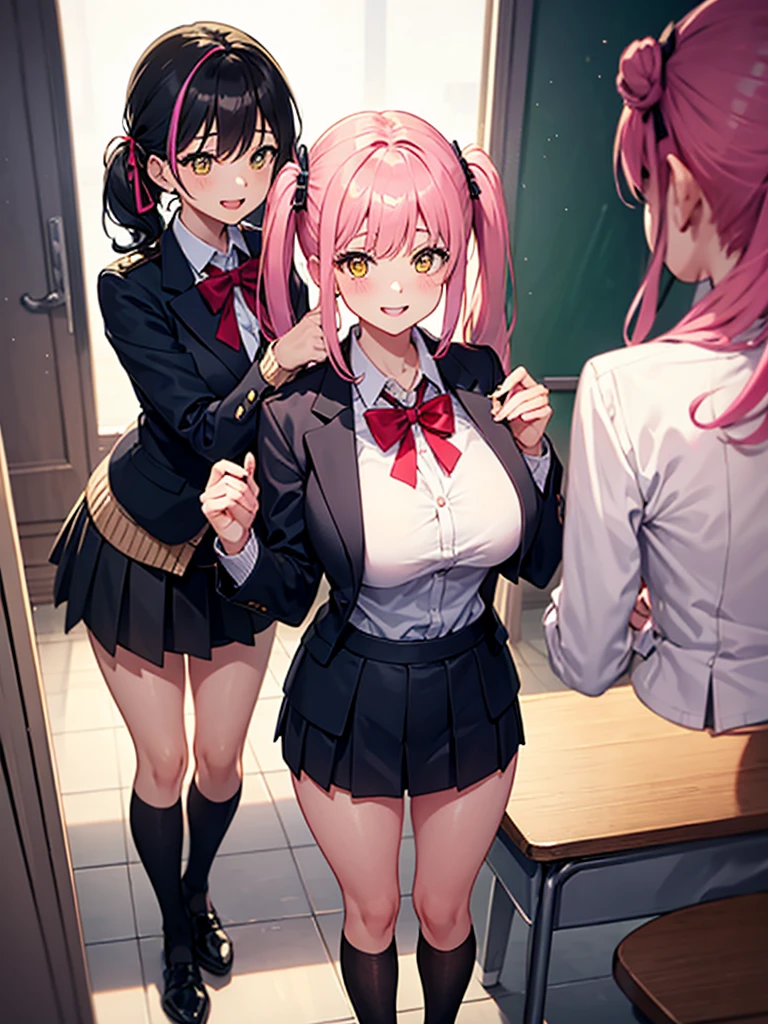 ((2 girls))、(smile:1.5)、Small breasts、(Cowboy Shot)、(fun!!)、(cardigan)、()、(blush:1.4)、Blonde、()、(Eye highlights:1.3)、Blake Black Shoes,(黒いskirt)、bow, button, shirt with collar, Long sleeve, ((red bow tie, , Black jacket, Open jacket, 茶色のcardigan, white shirt, 黒のskirt, チェック柄のskirt、white socks)),, shirt,, skirt, socks, Thighs, white shirt, Rest indoors, ((classroom:1.5))、 BREAK while watching the audience、(skirtを掴む:1.0)、 (Perfect hands, Perfect Anatomy),Cowboy Shot、(skirt lift:1.3),(Highly detailed panties:1.3)、(Highly detailed pink striped panties:1.3)、、(skirt that rolls up:1.3)、(Full-fledged panties:1.5)、Light blue eyes、Glowing Eyes、long hair