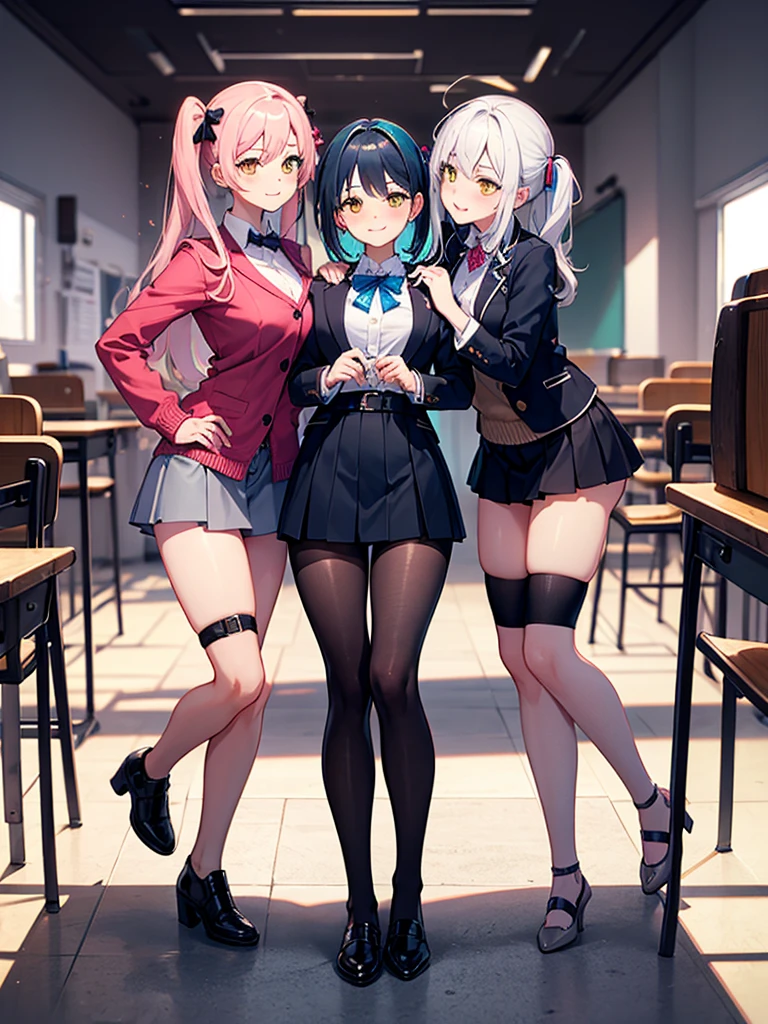 Best Quality,masutepiece,look down on, Upper body,Strands of hair,lightblue hair,white hair,Pink hair,Classroom,tiny chest、red blush, Bow, Red bow, Long sleeves, Shirt, Collared shirt, Skirt, Pleated skirt, Black skirt, tiny chest、looking at the viewers, BREAK (masutepiece:1.2), Best Quality, High resolution, Unity 8k壁纸, (Illustration:0.8), (Beautiful detailed eyes:1.6), extra detailed face, Perfect Lighting, extremely details CG, (Perfect hands, Perfect Anatomy),A smile、(Skirt lift:1.3), (White panty:1.3)、(Skirt that rolls up:1.3)、(Fully exposed panties:1.5),(Multiple girls)