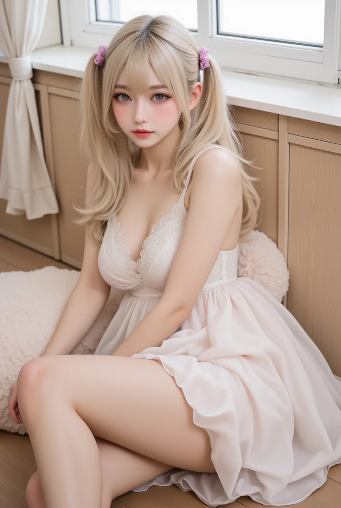 A young girl with very light blonde hair and pretty 20 years old, con cara de Wonyoung, Jang Wonyoung, estilo muy femenino y lindo, prendas sexys y rosadas, ballet. Chica japonesa, very tender asian girl with pale skin, ojos grandes, labios gruesos, ropa rosa, ella tiene el cabello muy largo, su rostro es bonito, se parece a Jang Wonyoung de ive, es Wonyoung, busto grande y notorio, pechos grandes.