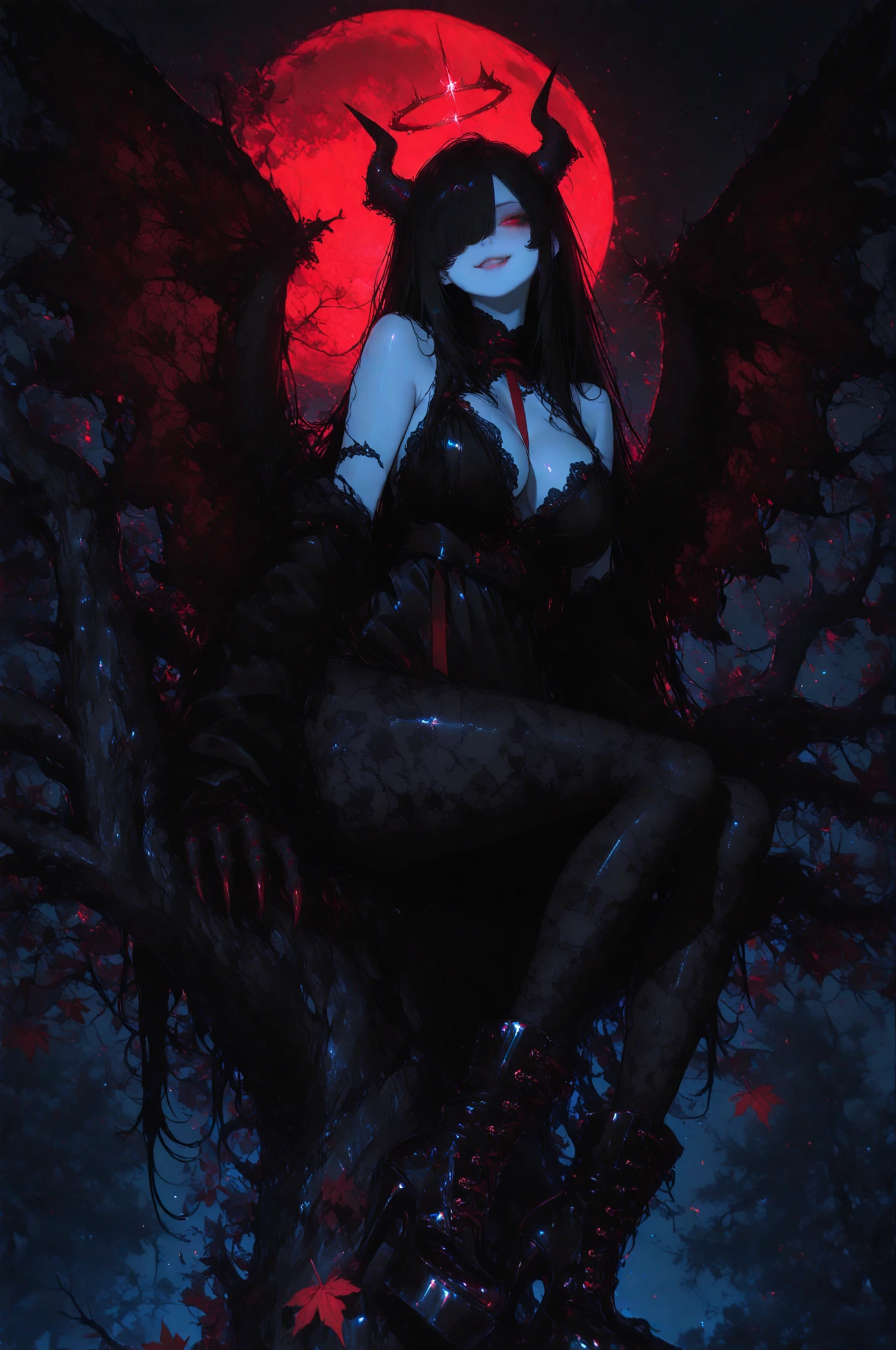 Monster woman, creepy-looking, body all black and dark, Mouth with shark teeth, Eyes red, Big Breasts 1.5, big ass 1.5, macabre look, on top of a bed in a room looking at the viewer, her eyes are glowing in the dark, 4 k image