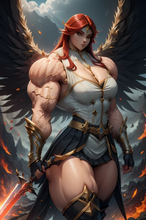 ((((Massive tall, beautiful, buff, pale skinned skinned muscular angel woman with orange hair, huge angel wings, ginormous bulky muscles and wearing a beautiful white long angel dress)))), (close view), massive muscles, massive biceps, hyper muscle shoulders, massive muscle arms, vascular shoulders, hyper muscle triceps, huge angel wings, (long shaggy hair), green eyes, choker, angel gauntlets, on top of a sunny skyscraper in a Windy City, confidant smile, hyper vascular arm, hyper muscles arms, hyper muscle legs, (massive arms).