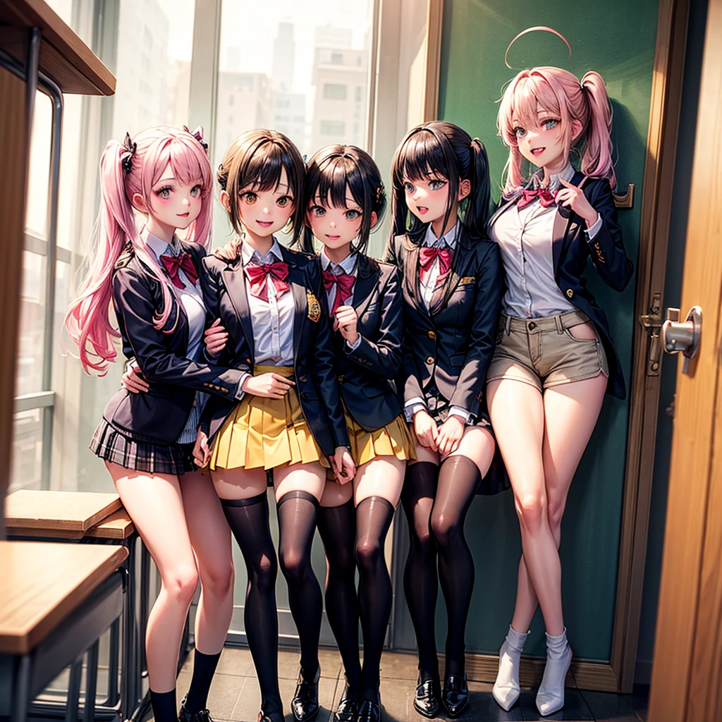 ((masterpiece, highest quality, High resolution, 超High resolution, Perfect Pixel, Depth of written boundary, 4K, RTTX 10.0, High resolution))), (Five adult women:1.3), Beautiful Anime Woman, Beautiful art style, Anime characters, ((Long Hair, bangs, Dark brown hair, Various hairstyles)), ((Beautiful eyelashes)), ((Detailed face, blushする:1.2)), ((Smooth texture, Realistic texture, Anime CG Style)), Perfect body, Slender body, Exact finger count、Exact number of legs、Exact number of arms, (blush:1), (The five women are standing side by side, lifting their skirts to greet the crowd.:1.2), ((Fashionable white shirt, Sailor collar, Maid style apron, mini skirt, loafers: 1.2)), (Lift up your skirt yourself:1.1), Realistic, (Slender body:1.1), highest quality, High resolution, 非常にDetailed face, Perfect lighting, Extremely detailed CG, (Perfect hands, Perfect ???????), Embarrassed expression, (School classroom:1.3), Morning sun-like lighting, whole body, ((Stylish and sexy shiny satin panties, Stylish lace side-tie panties, All different color panties, White panties, Light pink panties, Light blue panties, Blue panties, Dark pink panties, garter belt, Knee socks:1.2)), Angle from the front、(Beautiful and thin thighs:1.1)