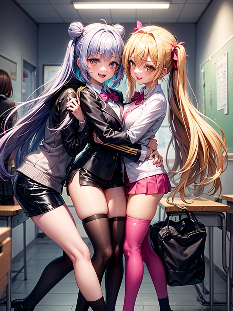 Two anime bunny girls, hugging, Masterpiece, Best quality, High quality), Abstraction, Deep Sea, Award-winning photography, Depth of field, HDR, Very detailed, Complex, High detail,(Masterpiece: 1.2, highest quality), (Best lighting, very delicate and beautiful), (Best lighting, Very delicate and beautiful), (beautiful detailed face), (detailed eyes and detailed face:1.2), , (young girls, two girls, crazy smile, pale skin,G cup,cleavage,19 piercings,(dynamic angle), ((pointy_ears, fangs, (depth of field),high contrast, full body, colorful poses,((Uniform,Blazer, Light colored panties:1)),Cowboy shot,Denim jacket, skirt or miniskirt, NSFW