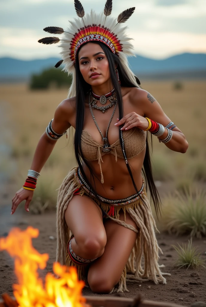 Realistic image of a beautiful Native American woman, alone, with long hair, looking at the viewer, black hair, brown eyes, jewelry, braid, earrings, dark skin, necklace, mole, dark-skinned woman, lips, tattoo, feathers, headdress, facial tattoo, Native American, sitting on the green grass, flowers and mountains with her rabbit