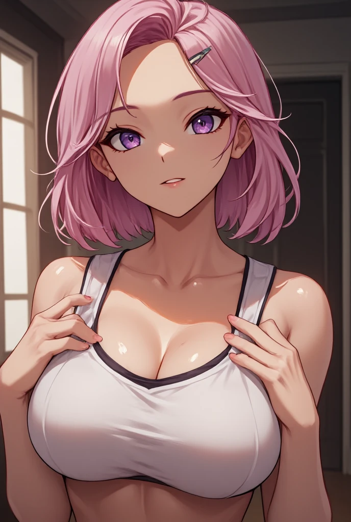 (masterpiece, best quality), intricate details, thin, ((slim)), beautiful girl, Light pink hair, white skin, light purple eyes, sharp jawline, cropped jacket, messy hair, plump lips, upper body, close up, smirk,露出乳房、露出胸部、大的胸部、大的乳房