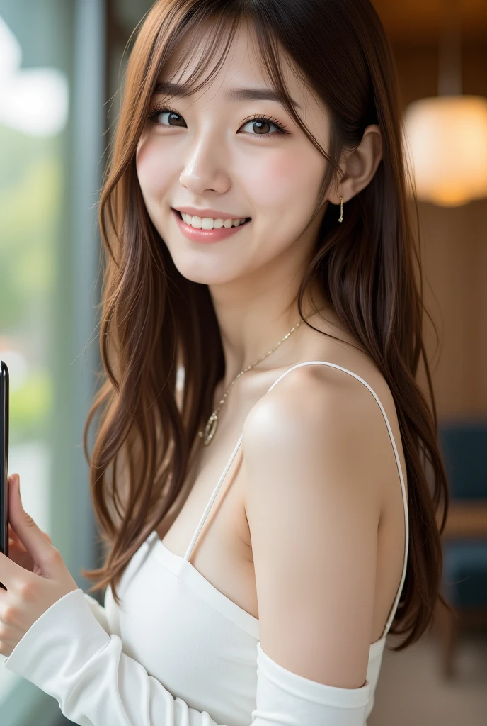 Background white woman Pointing the large screen of the smartphone at the camera、smile、Realistic photos、Highest quality、high quality、The image quality is incredibly high with 32k resolution.、Capture every detail in stunning clarity。