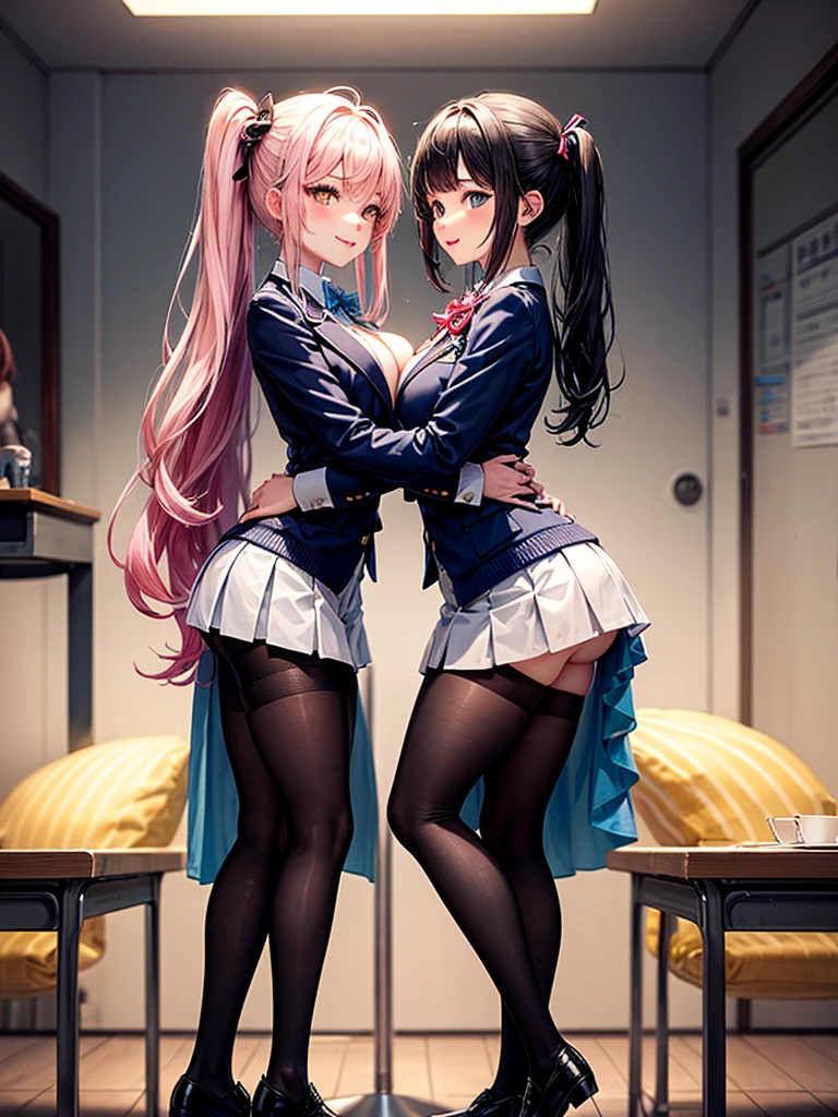 Two girls, school uniforms, lifting skirt, lifting top, breasts, joyfulness, happiness, girl one on her knees, legs spread open, no panties, head looking deep in to girl two panties, girl two standing lifting skirt, enjoying the touch of pleasure,