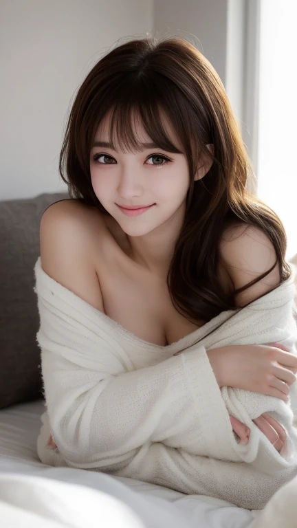 (Masterpiece, BestQuality:1.3), table top、highest quality、figure、 super detailed、finely、 High resolution、8k wallpaper、Perfect dynamic composition、29 year old pretty girl、detailed beautiful face、Finely cute eyes、rough skin、ponytail、modest smile、small breasts、bold sexy pose、tight sweater、leaning forward