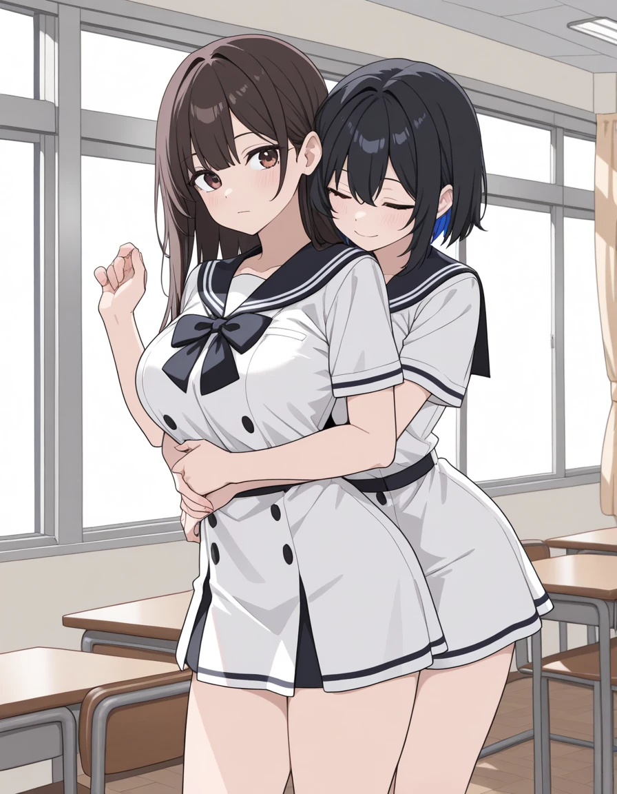 the best,perfect,masterpiece,((Two girls sticking together)),((collar)),((classroom)),((Full body picture kneeling)),long black hair,short skirt,black stockings,(((The tape tightly bound the arms and put them behind the back, with the legs close together and tightly bound and gagged.))),shy,shiver,sweat,tapes scattered on the floor