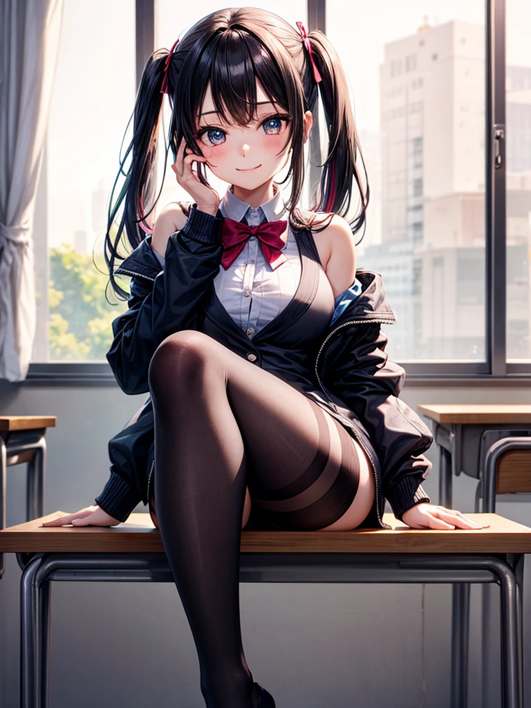 Best Quality, Full Body Portrait, Cinematic Texture Shot, Exquisite Face, Beautiful Face, 20 Year Old Woman, Smiling, Slim Figure, Small Bust, OL Uniform, Office Wear, Black Stockings, Interior Scene, Office, Seated sultry look, seductive,
