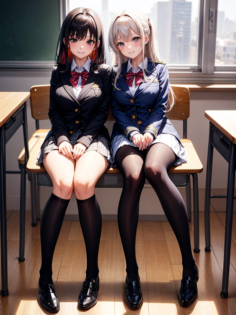 Show entire body, feet in view, 2 gorgeous 18y.o., blondes, smiling at audience, American school uniform, thigh high socks, various poses, various settings, no shoes