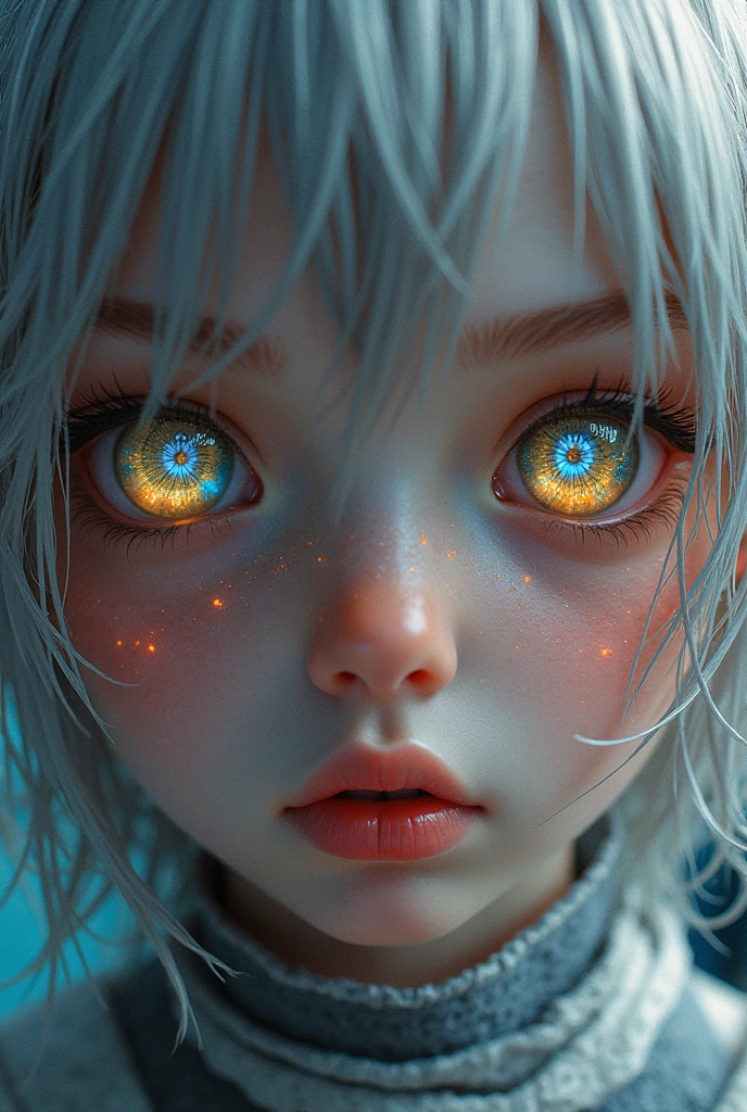(Close-up of a masterpiece:1.5)0.9]，(Space and astronauts:1.2) (Messy silver hair:1.1) (Heterochromia yellow blue eyes:1.2) (Casque spatial:1.0) (Colorful stars in the eyes:1.0) (Dazzling light:1.1) (Thick lip:0.9)