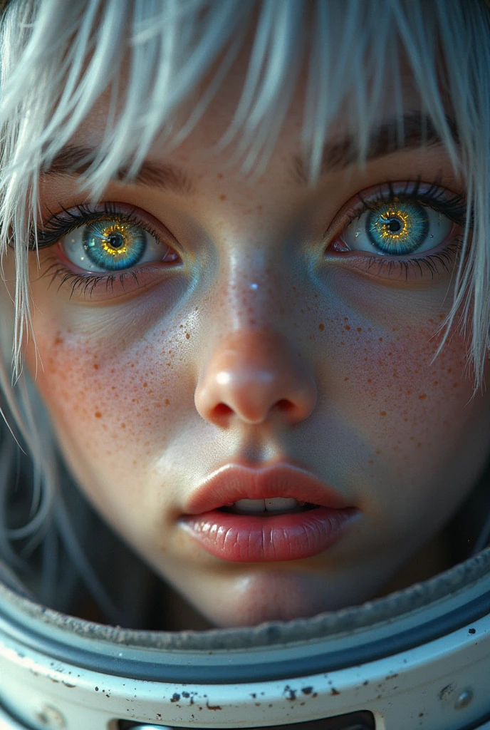 (Close-up of a masterpiece:1.5)0.9]，(Space and astronauts:1.2) (Messy silver hair:1.1) (Heterochromia yellow blue eyes:1.2) (Casque spatial:1.0) (Colorful stars in the eyes:1.0) (Dazzling light:1.1) (Thick lip:0.9)
