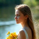 ung girl,has a beautiful face and sweet expression,standing by a quiet creek,holding a bouquet of bright wildflowers in her hands,in a lightweight white,Smile gently,The sun shines on her face and hair,Creates a warm and soft atmosphere,4K Ultra HD,Fine to the smallest detail,Exquisite and realistic,professional character,Portrait of a naturally feminine,Vivid and moving,teal hue,Delicate and soft light and shadow effects,Romantic and dreamy