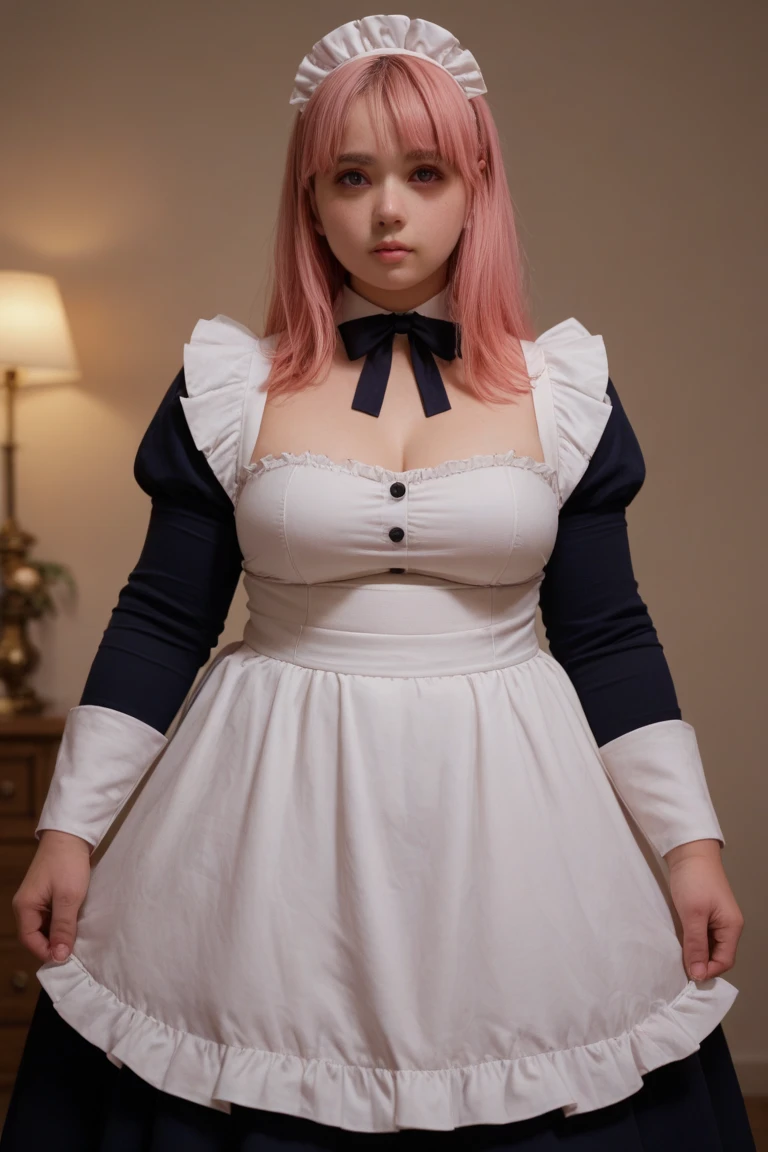 Rating 9,rating 8 or higher,rating 7 or higher,Source anime,masterpiece,high quality,high resolution,boobgasm,Plump body,Jeda style,Vivid Colors,CivChan,Purple eyes,Pink hair,the maid outfit, dynamic pose ,sobu