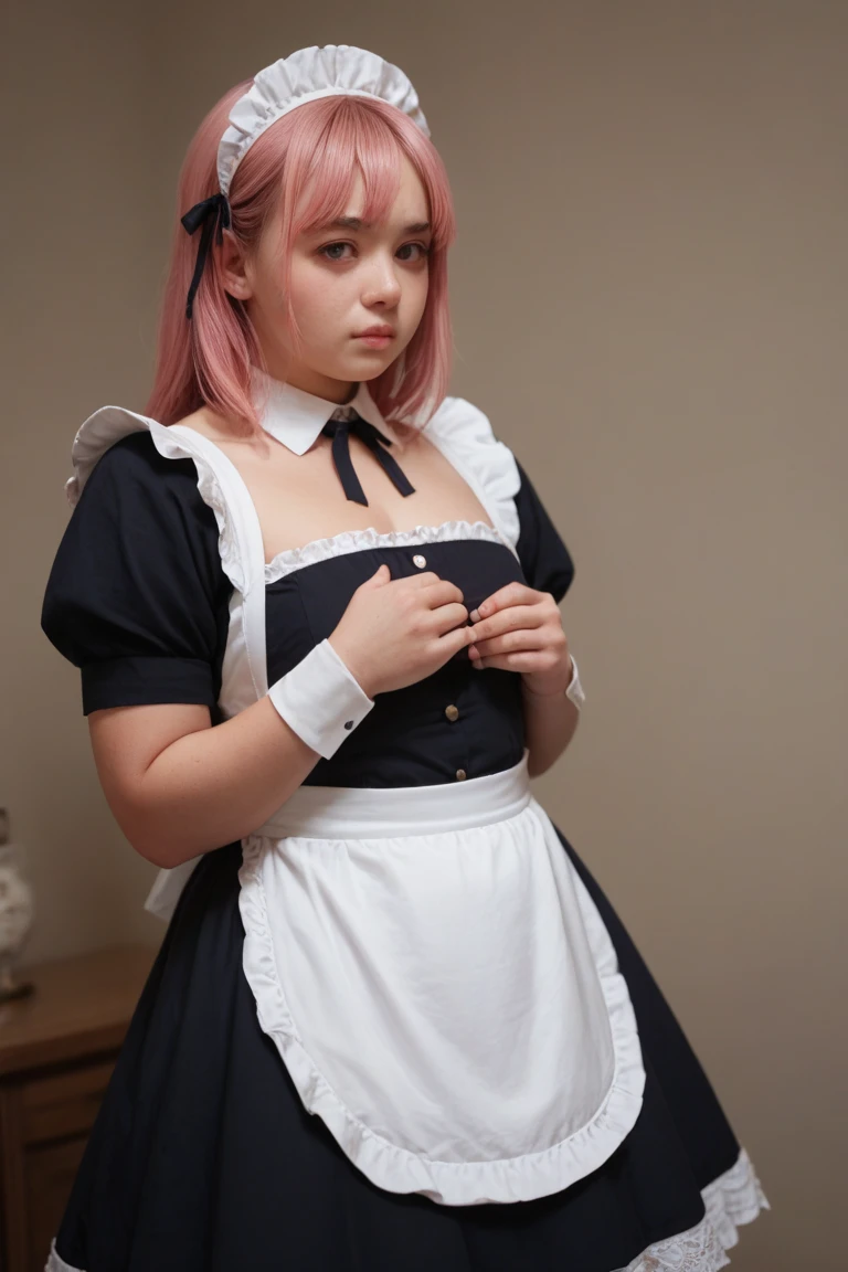 Rating 9,rating 8 or higher,rating 7 or higher,Source anime,masterpiece,high quality,high resolution,boobgasm,Plump body,Jeda style,Vivid Colors,CivChan,Purple eyes,Pink hair,the maid outfit, dynamic pose ,sobu