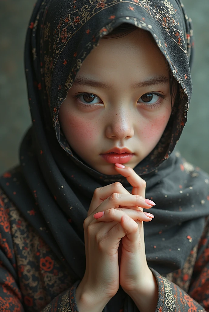 .masterpiece:1.2, best quality), realistic, (The real situation, intricate details, Depth of field ), (1girl, alone),  makes up for , slightly raised lips, Very Detailed,  Perfect Face, (skindentation),  glossy coral lips , (a girl wearing a headscarf, Islamic dress), Blush,  Raiden's very depressed  (Lei Dianxiang ) from genshin impact,highly detailed hands,