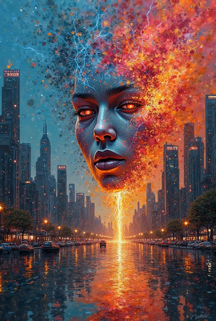 Abstract face in a city landscape, A realistic painting by Mark English (Mark English) a realistic painting , [:anime line art:0.2], Um ser celestial、thermography、lightning bolt、Water theme, Epic splash art ,  Auto Destruction Art , , Abstract