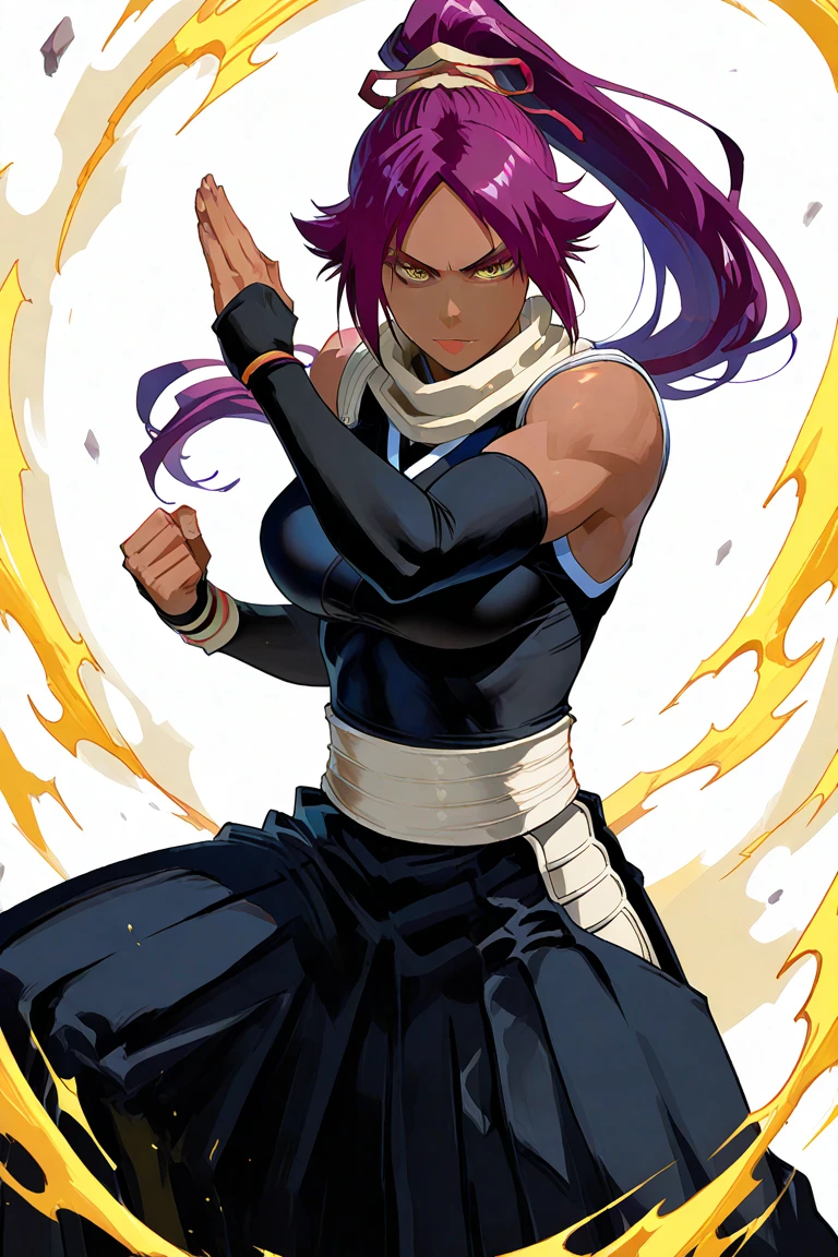 Anime girl, yoruichi from bleach, brown hair, tanned, darker skinned, mature, beautiful background, 8k, high resolution, good anatomy