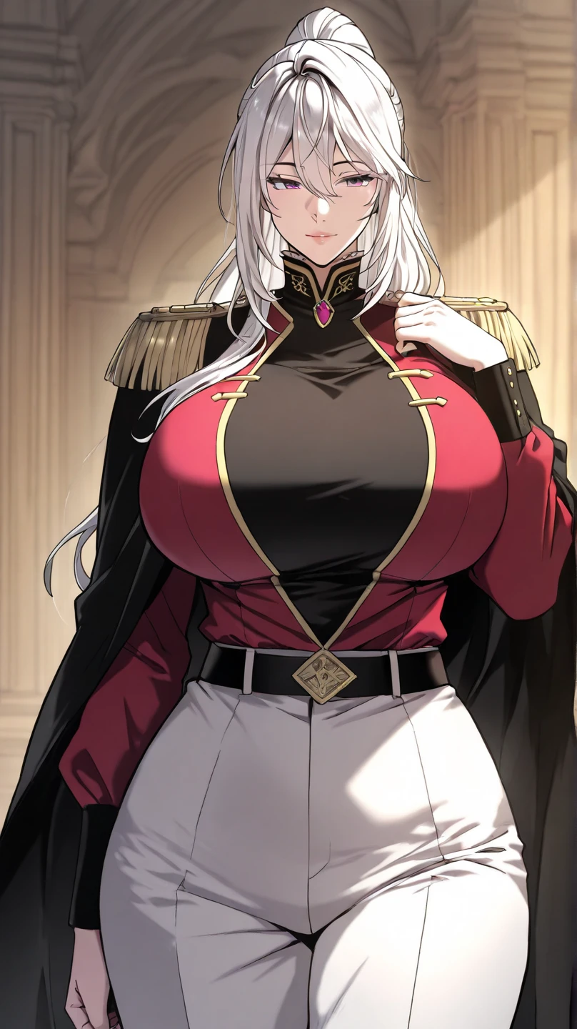 a woman wearing a Roman empress outfit, big breast, smiles
