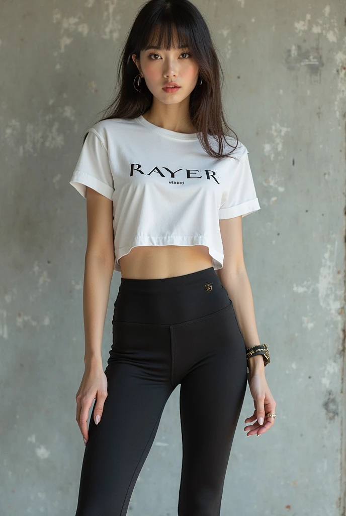 Crystal Rae vestindo uniforme escolar, (camiseta branca) e (short jenas)