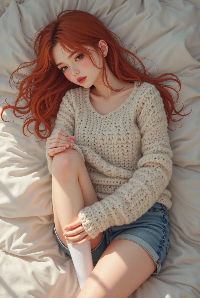 1girl,high resolution,best quality,red hair,bedroom,sitting,sitting on bed,shy,