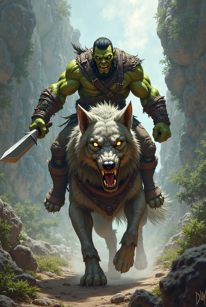 raw photo, cinamatic, a green-skinned orc in armor is riding a giant wolf. The background features a snow-covered valley surrounded by tall mountains, creating a cold and desolate environment. The orc has a fierce expression, and the wolf looks equally formidable, both exuding a sense of menace. unaestheticXL_bp5