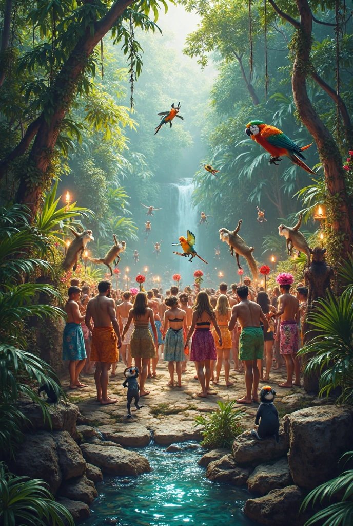 Na flowersta da mata na serra tropical do brasil, the sun shines on the waterfall. the photo is taken from the middle of the crowd and has an asymmetrical composition. There is a party with musical instruments , people dancing each in their own way next to different animals, a bonfire and birds, flowers.