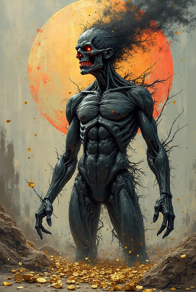 A towering, skeletal figure stands over 20 feet tall, its bony frame wreathed in flickering, ethereal flames. Its elongated, misshapen skull has hollow, sunken eye sockets that seem to pierce the soul. Wisps of smoke curl from between its exposed, jagged teeth. Massive, clawed hands tipped with razor-sharp phalanges hang at its sides, radiating intense heat. As it moves, the ground trembles beneath its thunderous steps, leaving a trail of smoldering destruction in its wake.