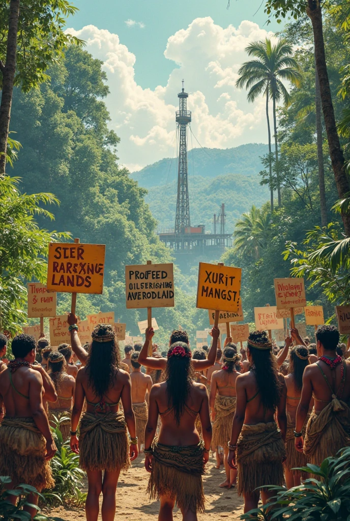 Create an image of indigenous mobilization resisting infrastructure works in the Amazon