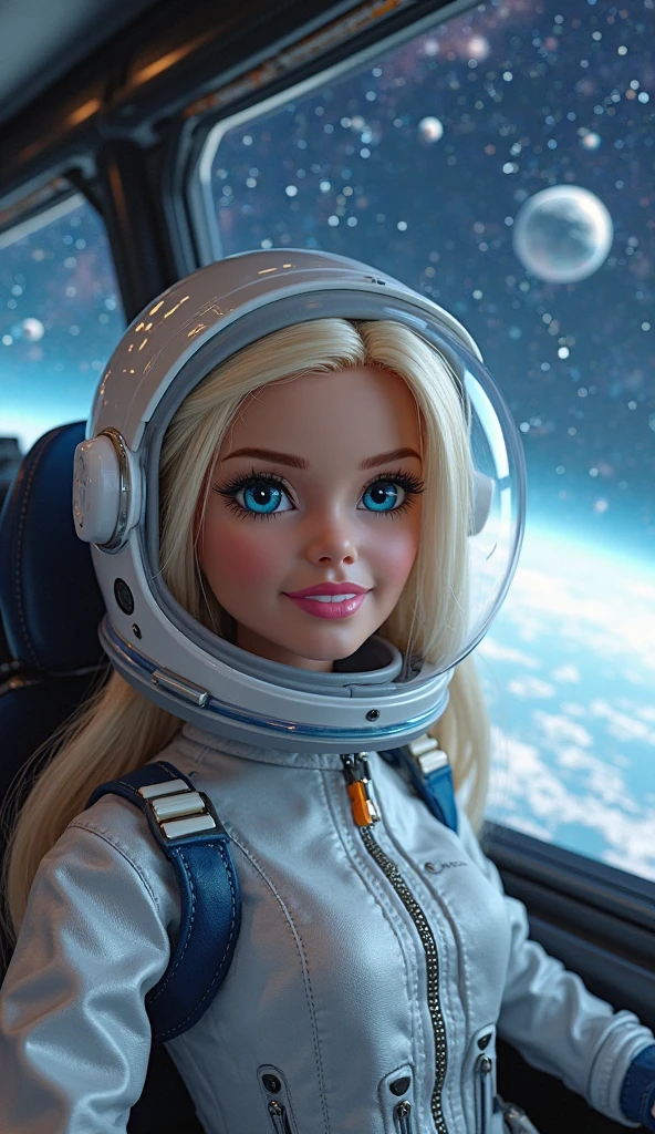 high quality, 1Woman, (((beautiful blonde american female Barbie as an Astronaut in white and Pink astronaut spacesuit dilf))), (((blue eyes))) (((in Gotham)))