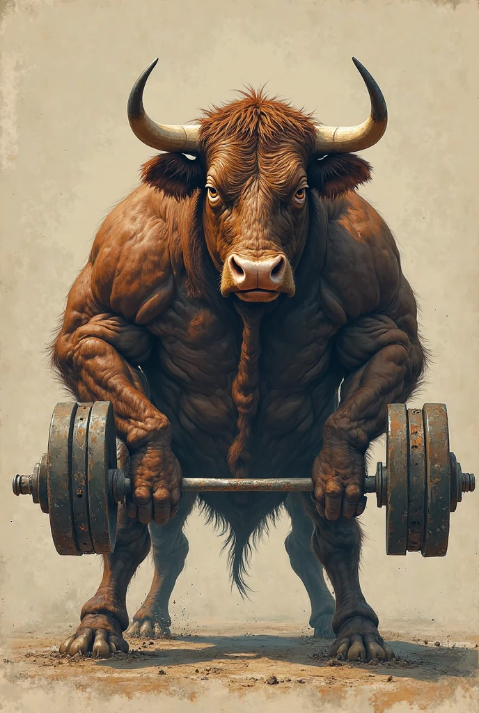 Logo : A bull with exaggerated and defined muscles, Lifting dumbbells and doing the Mr. Olympia pose.
